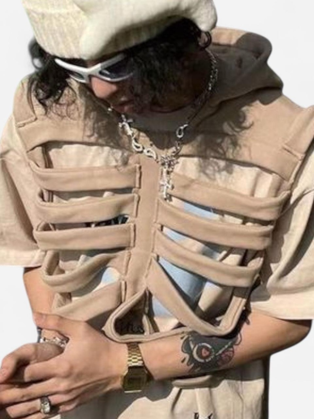 Aelfric Eden OG Ribcage Skeleton Distressed 3D Vest Hoodie sz S